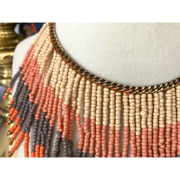 Seed Bead Statement Necklace Bib Style Warm Desert Colors Multicolored Stripes - Picture 3 of 8